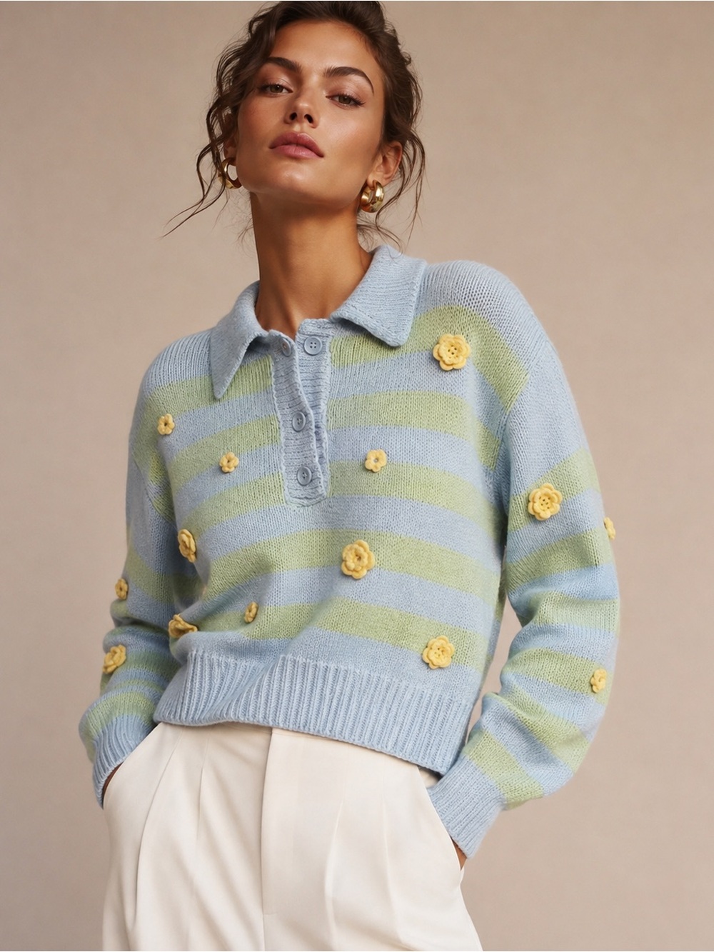 Zara Light Blue & Pale Green Striped Polo Sweater with Yellow Flower Appliqués L